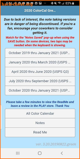 2020 ColorCal USPS Green D Coded carrier calendar screenshot