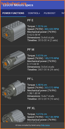 AFOL's Motors Specs screenshot