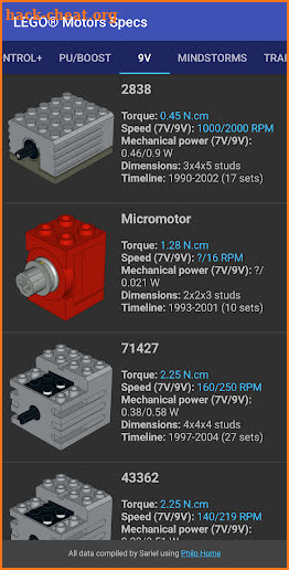 AFOL's Motors Specs screenshot