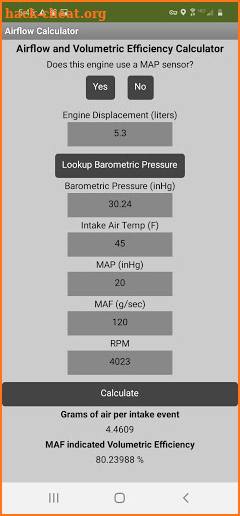 Airflow and VE Calculator screenshot