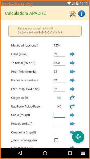 APACHE II Calc screenshot