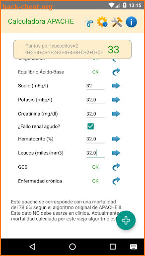 APACHE II Calc screenshot