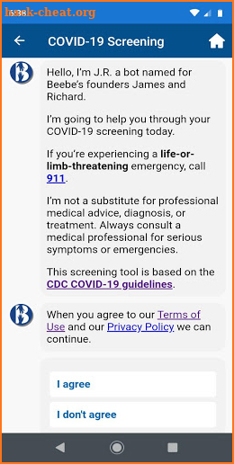 Beebe COVID-19 Screening Tool screenshot