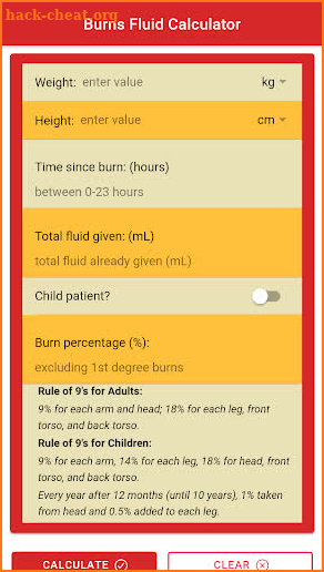 Burns Fluid Calculator: Parkland or Baxter Formula screenshot