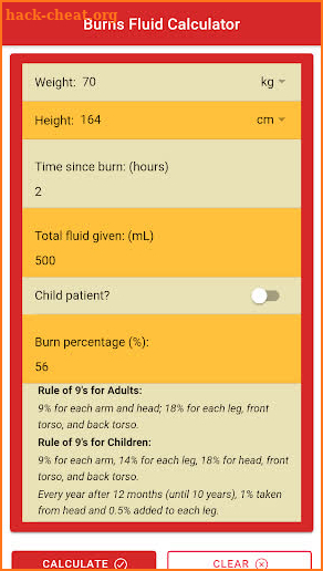 Burns Fluid Calculator: Parkland or Baxter Formula screenshot