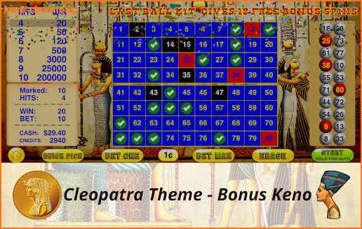 Cleopatra Keno with Bonus Casino Keno Bonus Games screenshot