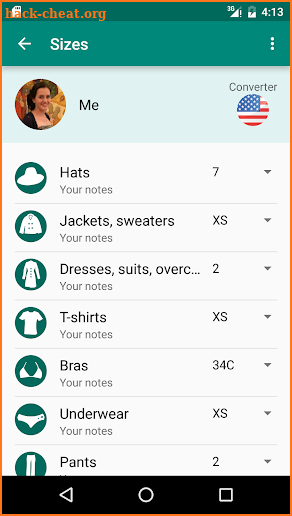 Clothing & Shoe Sizes screenshot