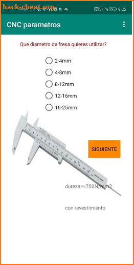 CNC parameters screenshot