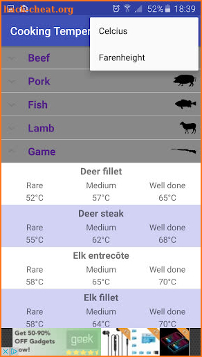 Cooking temperatures screenshot