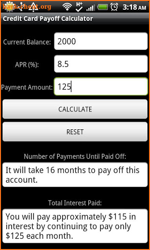 Credit Card Payoff Calculator screenshot