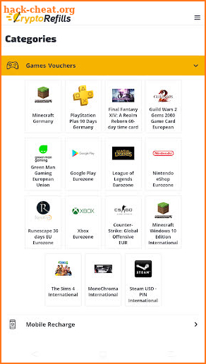 CryptoRefills » Buy Vouchers & Top Up with Bitcoin screenshot