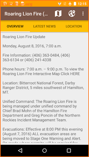 Current Wildfires Information screenshot