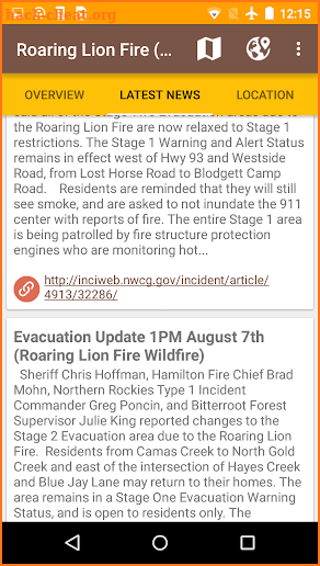 Current Wildfires Information screenshot