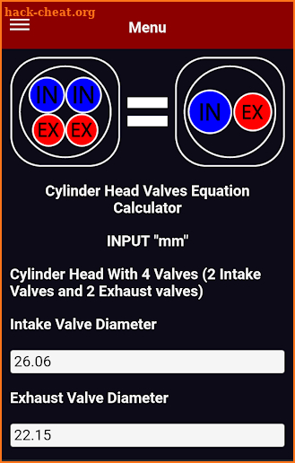 Cylinder Head Valves Equation Calculator screenshot