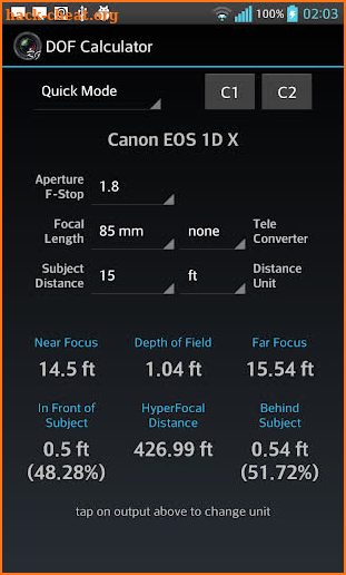 DOF Calculator screenshot