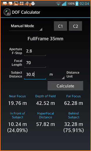 DOF Calculator screenshot