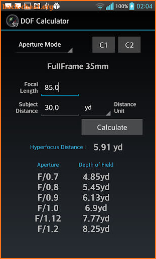 DOF Calculator screenshot