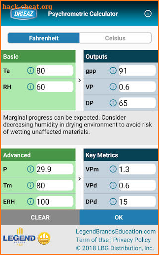 Dri-Eaz Psychrometric Calculator screenshot