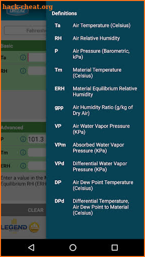 Dri-Eaz Psychrometric Calculator screenshot