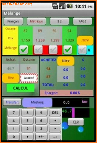 Econoctane; octane mixer and performance tracker screenshot