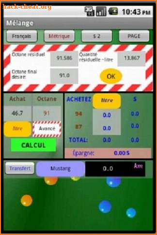 Econoctane; octane mixer and performance tracker screenshot