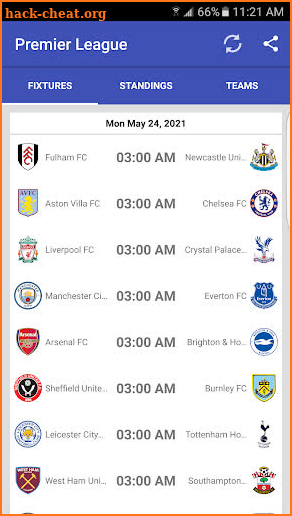 English PL 2020-21 Fixtures screenshot