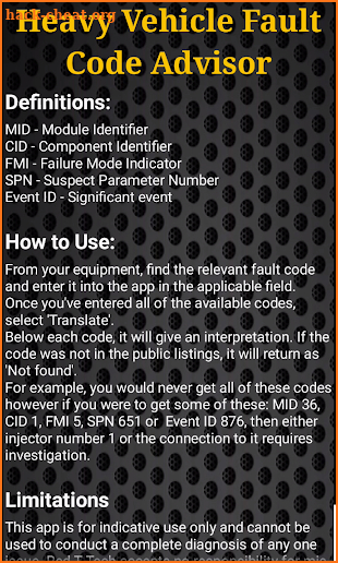 Heavy Vehicle Fault Code Advisor screenshot