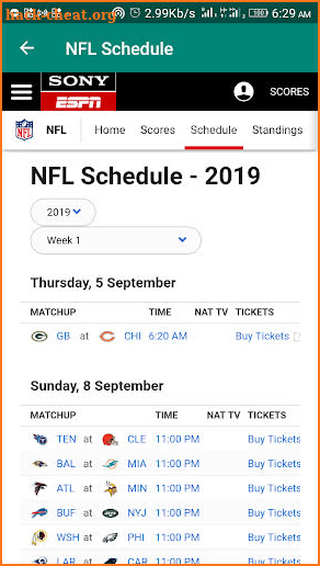 NFL , NBA , and others sports schedule screenshot