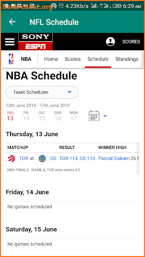 NFL , NBA , and others sports schedule screenshot