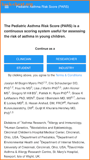 Pediatric Asthma Risk Score (PARS) screenshot