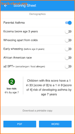 Pediatric Asthma Risk Score (PARS) screenshot