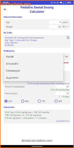 Pediatric Dental Dosing Calculator screenshot