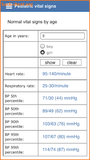 Pediatric vital signs screenshot