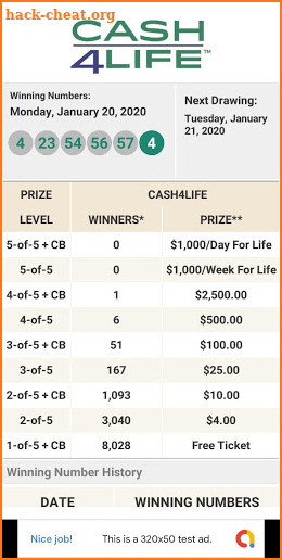 PowerBall Lottery Results screenshot