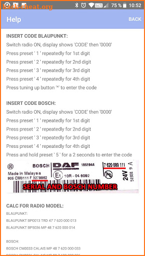 RADIO CODE for DAF TRUCK B&B screenshot