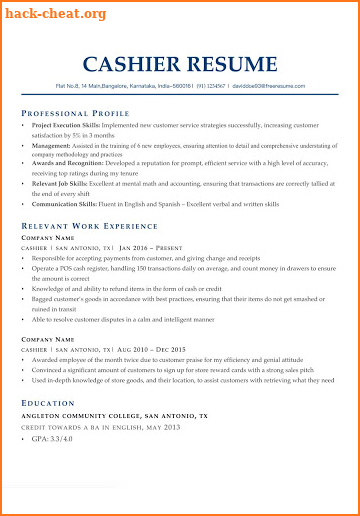 Resume Builder Free - Cashier Resume Template screenshot