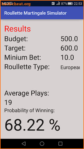 Roulette Martingale Calculator screenshot