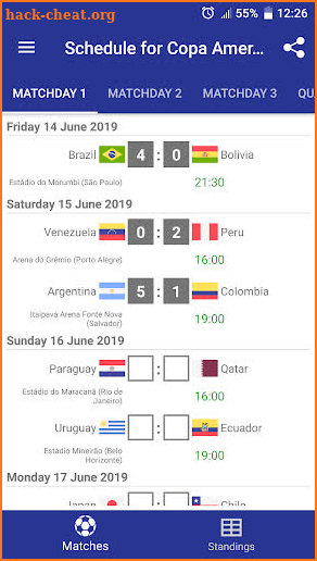 Schedule for Copa America 2019 Brazil screenshot