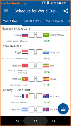 Schedule for World Cup 2018 Russia screenshot