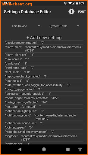 Settings Database Editor screenshot