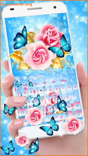 Shiny Pink Rose Blue Butterfly Keyboard Theme screenshot