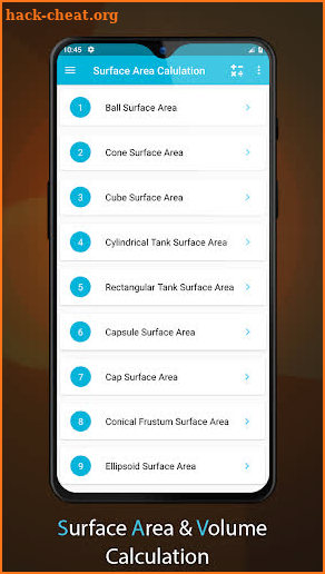 Surface area and volume calculation screenshot