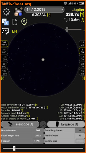 Telescope calculator screenshot