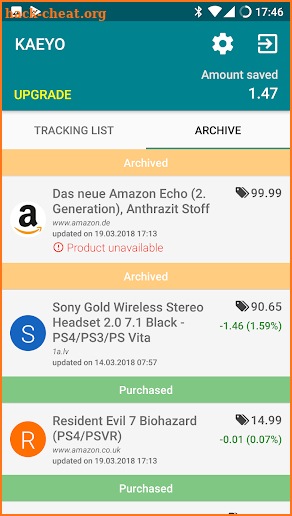 Universal price tracking tool screenshot