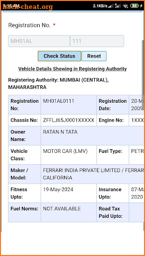 Vehicle registration details screenshot