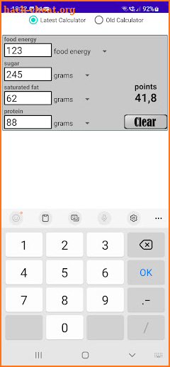 Weight watchers points calc. screenshot