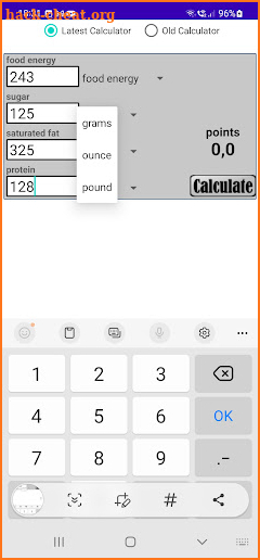 Weight watchers points calc. screenshot