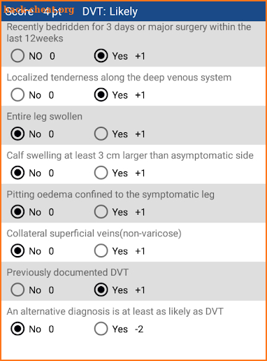 Wells Score for DVT screenshot