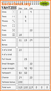 Yahtzee scoresheet screenshot