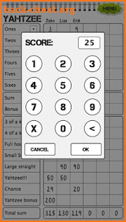 Yahtzee scoresheet screenshot